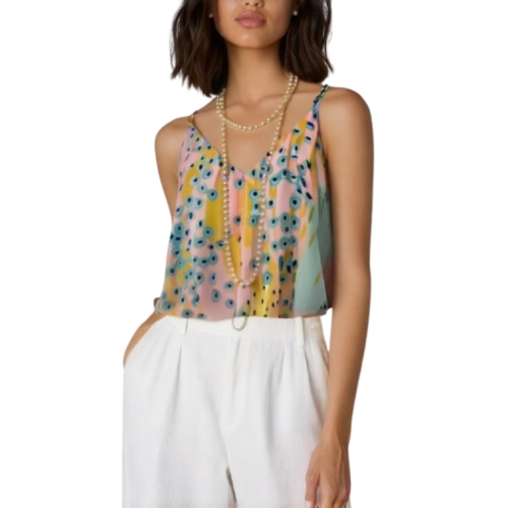 Mary & Mabel Pastel Peacock Print spaghetti strap lightweight Summer blouse top